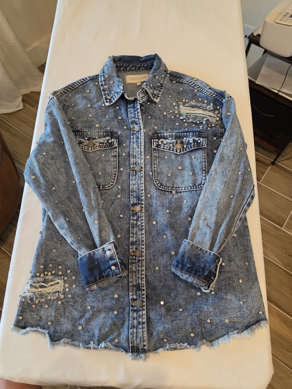VERVET BY FLYING MONKEY Distressed Blue Denim Jacket with Pearls